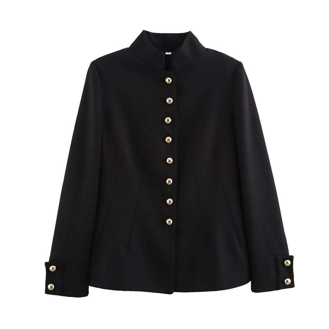 Women Tailored Short Blazer with Stand Collar and Golden Decorative Buttons Mune Fashion