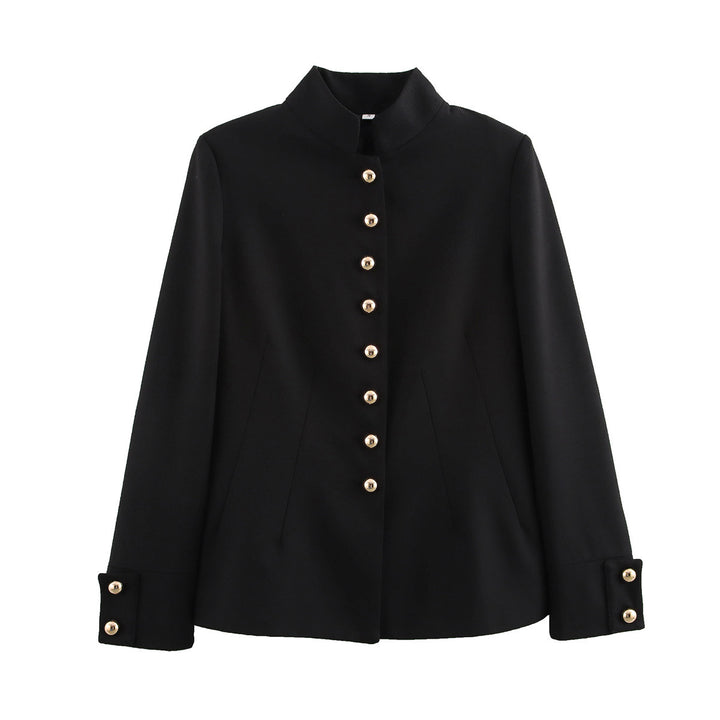 Women Tailored Short Blazer with Stand Collar and Golden Decorative Buttons Mune Fashion