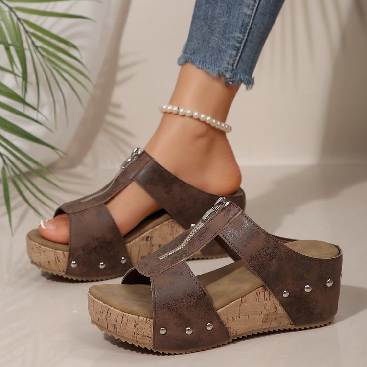 Damen Offene Keil‑Sandaletten mit vorderer Reißverschlussblende und Korkplateau Mune Fashion