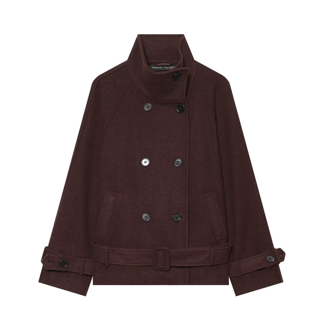 Women Short Cut Double-Breasted Wool Cape Coat with Stand-Up Collar and Belt Drune