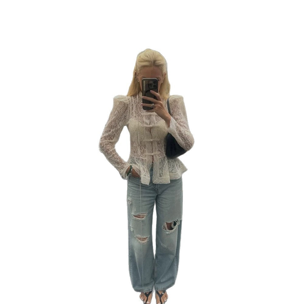 Women Romantic Lace Blouse in Victorian Style with Stand-up Collar, Knot Closures and Puff Sleeves Mune Fashion