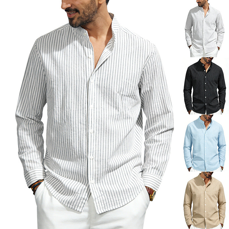 Men's striped stand-up collar shirt made of linen-cotton blend with button placket Mune Fashion
