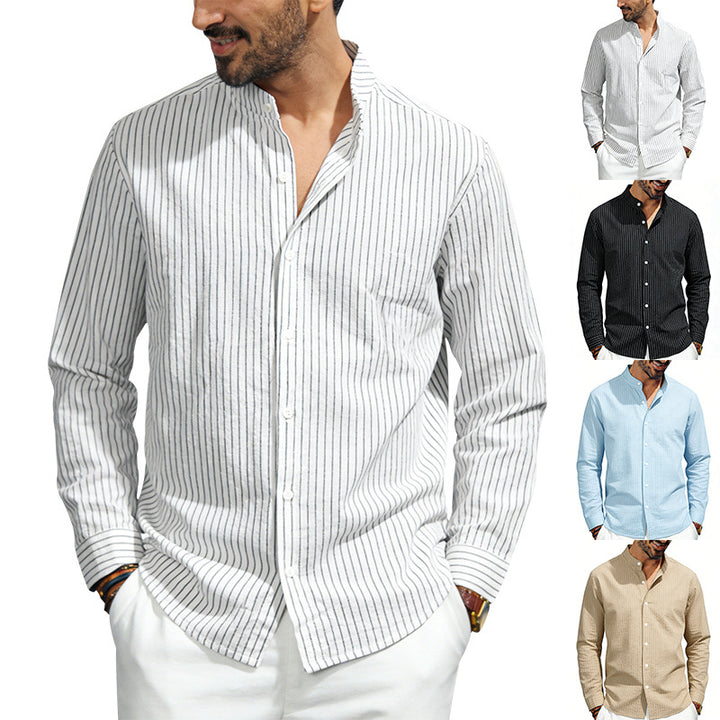 Men's striped stand-up collar shirt made of linen-cotton blend with button placket Mune Fashion