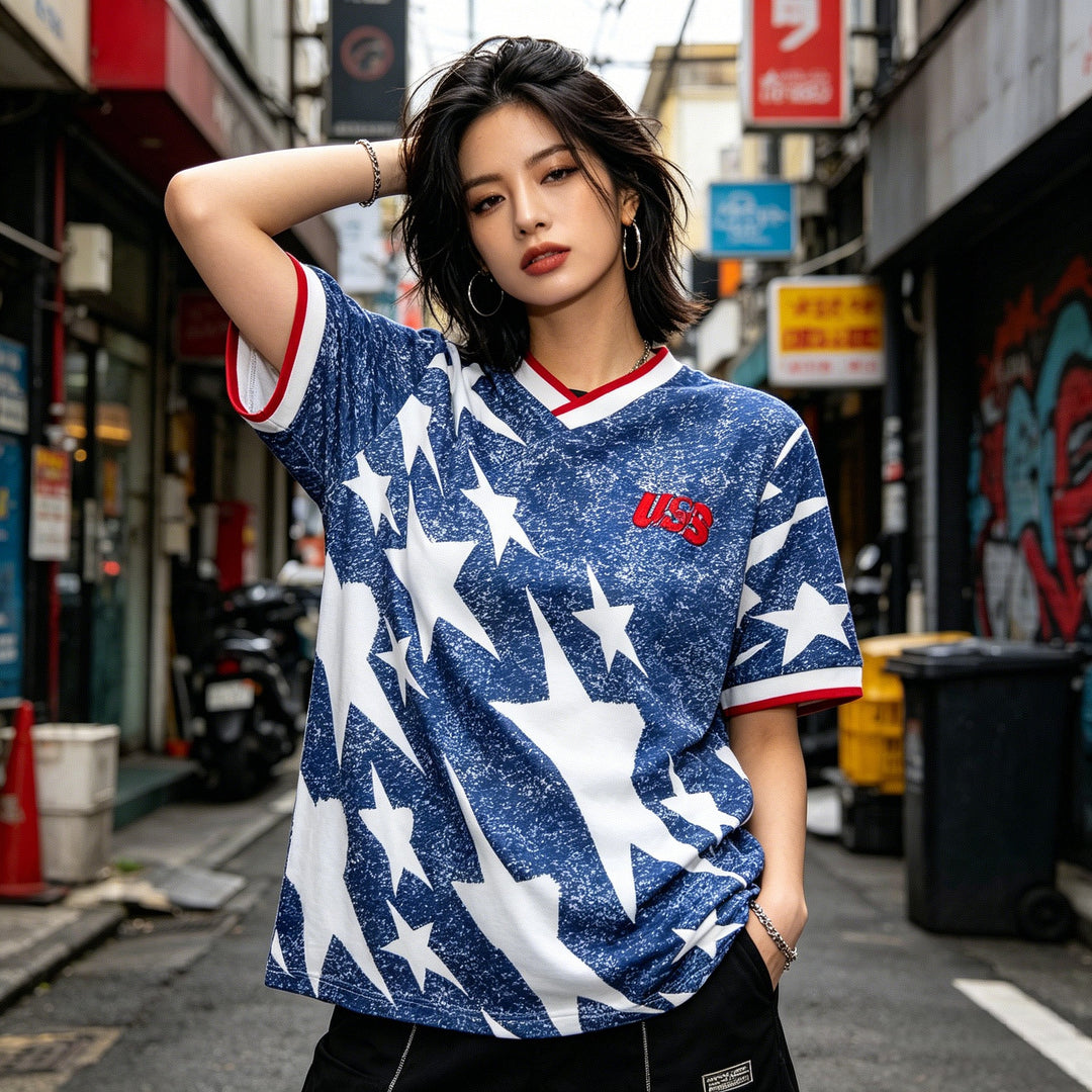 Unisex casual jersey shirt with V-neck, all-over star print and contrast trim Mune Fashion