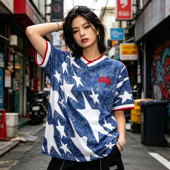 Unisex casual jersey shirt with V-neck, all-over star print and contrast trim Mune Fashion