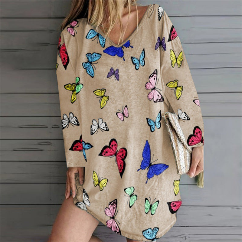 Women Oversize Tunic Dress with V-Neck and Butterfly Print Mune Fashion