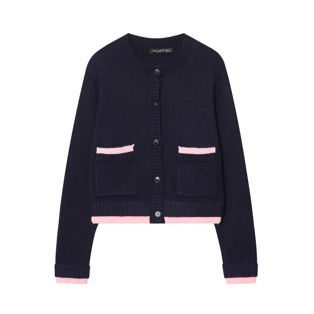 Women's Short Boxy Knit Cardigan with Patch Pockets and Contrasting Cuffs Mune Fashion