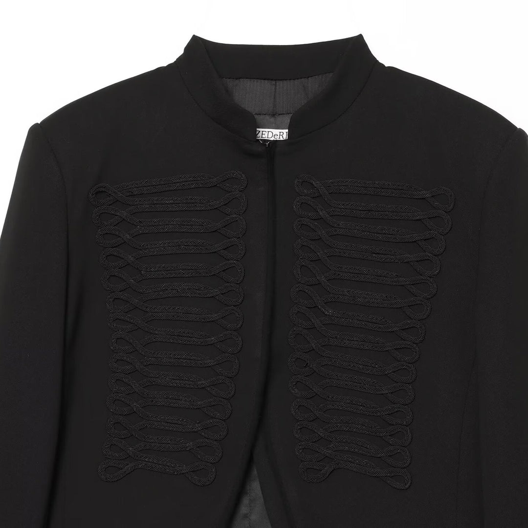Women's Short-Cut Military Blazer with Ornamental Cord Trim and Stand Collar Mune Fashion