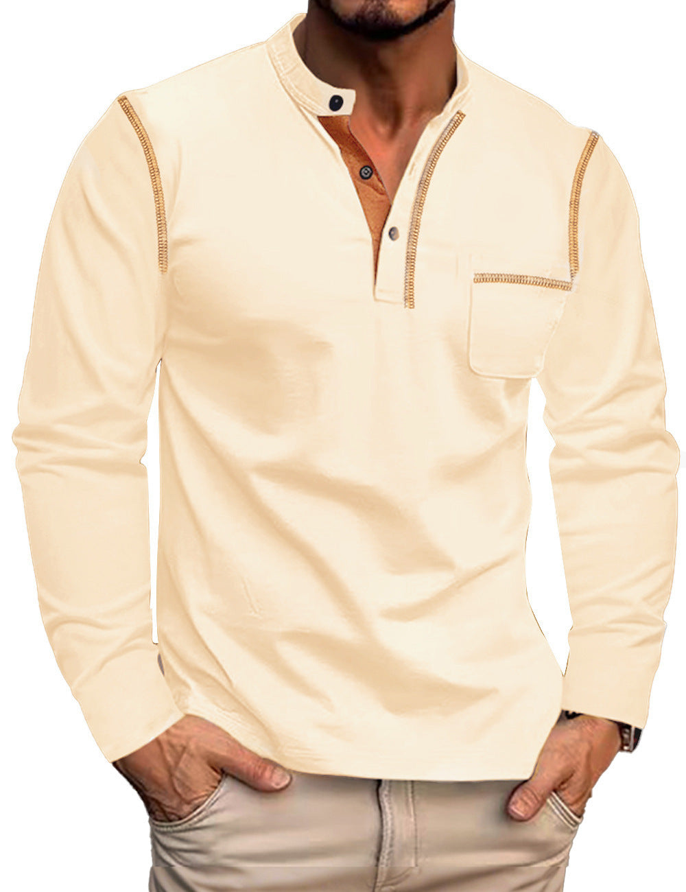 Men's long-sleeved jersey shirt with mandarin collar, short button placket, chest pocket, and contrasting decorative seam Mune Fashion