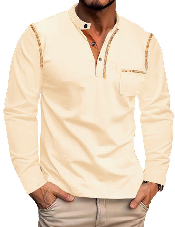 Men's Long Sleeve Shirt with Short Button Placket, Chest Pocket and Contrasting Decorative Stitching Mune Fashion