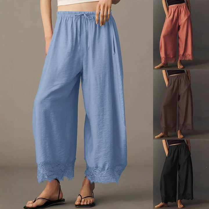 Women Wide Palazzo Pants with Elastic Drawstring Waistband and Lace Trim Mune Fashion