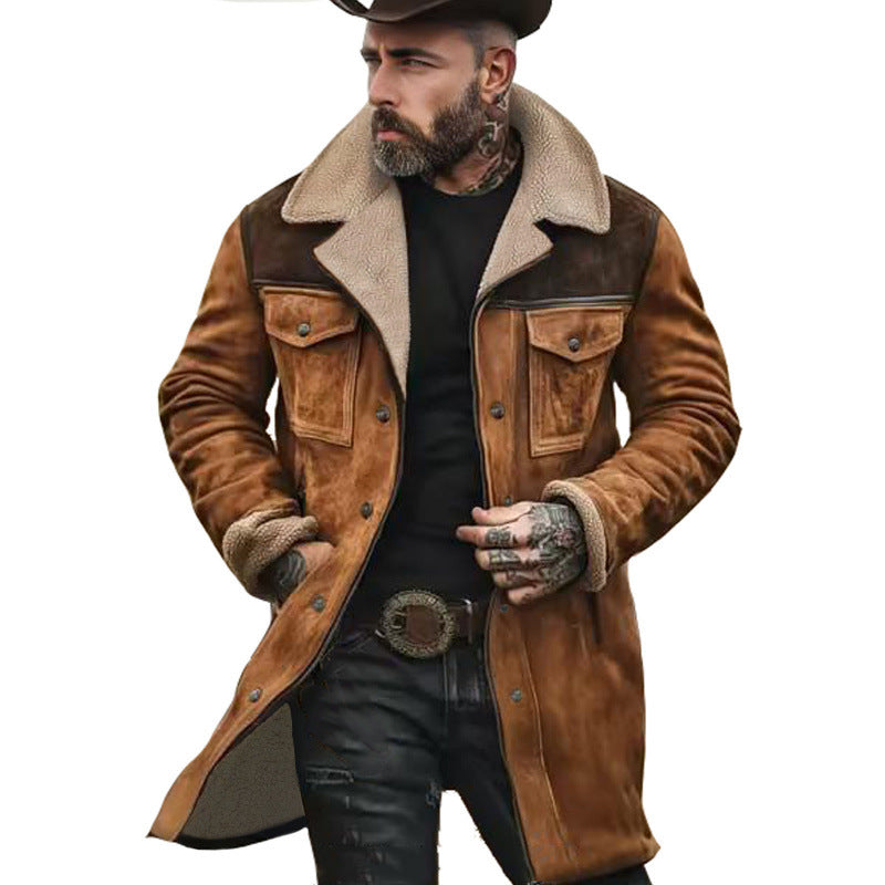 Men's Long Sherpa Coat with Faux Fur Lining and Suede Look Mune Fashion