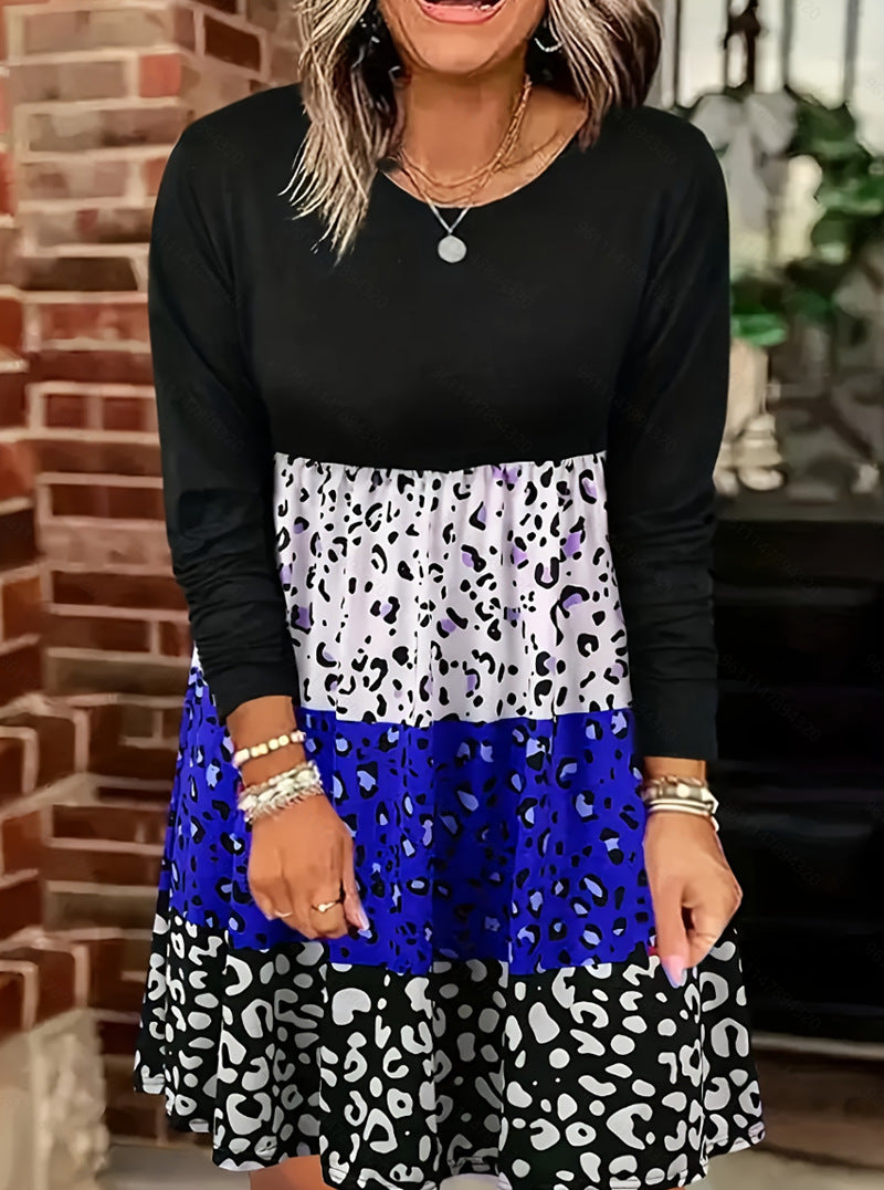 Ladies long-sleeve tiered dress with gathered empire waist and mixed animal print Mune Fashion