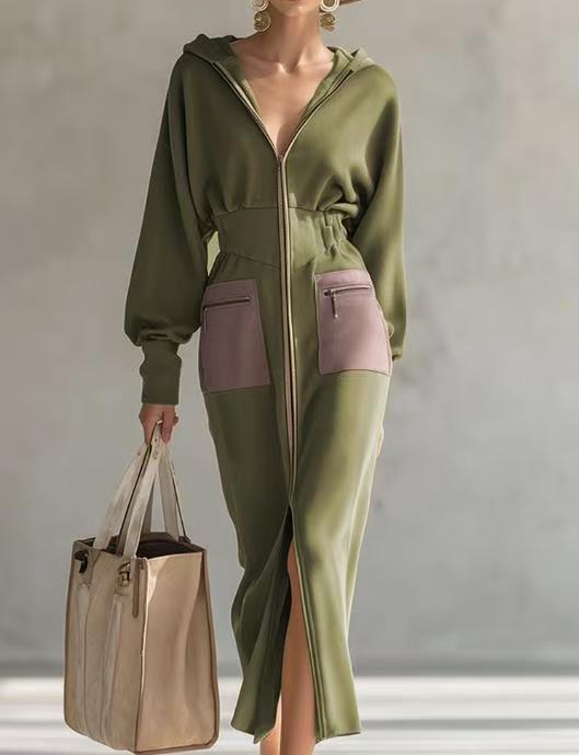 Women's Hooded Midi Dress in Sport Chic with Waist Corset and Front Pockets Mune Fashion