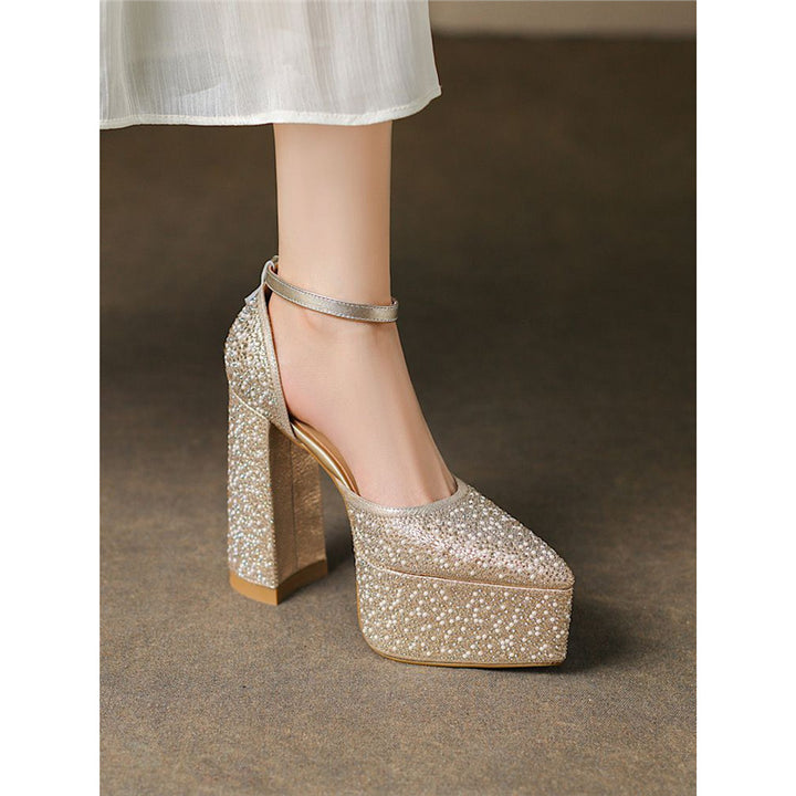 Women’s Platform Block-Heel Sandals with Square Toe Box and Rhinestone Trim Mune Fashion