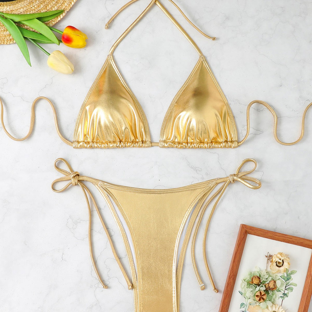 Women's triangle bikini with elegant metallic surface and adjustable tie bands Mune Fashion