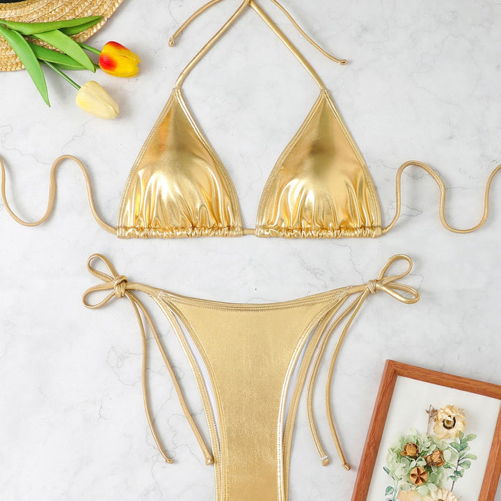 Women's triangle bikini with elegant metallic surface and adjustable tie bands Mune Fashion