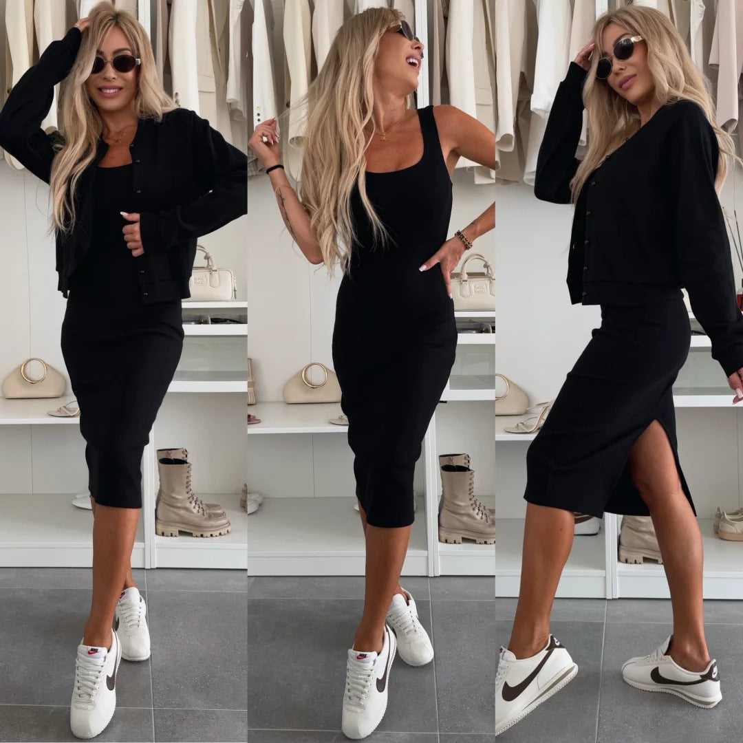 Women's fitted knitted midi dress with fine ribbed structure and short button jacket Mune Fashion