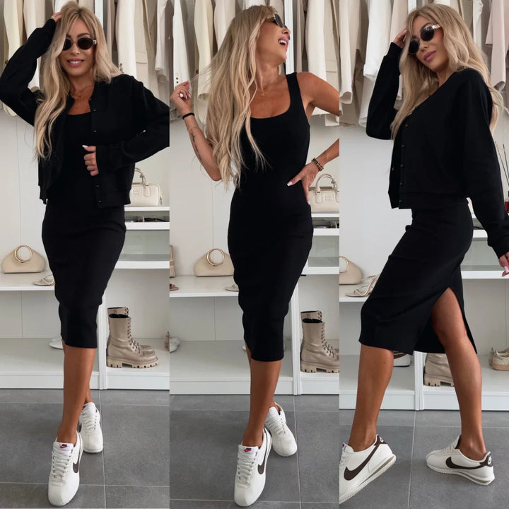Women's fitted knitted midi dress with fine ribbed structure and short button jacket Mune Fashion