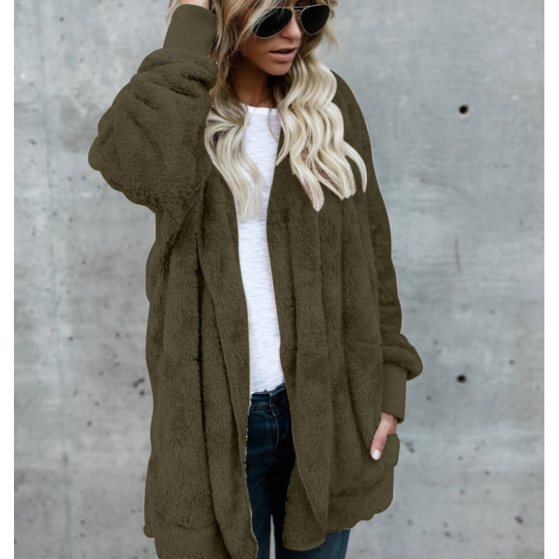 Women's Oversize Teddy Fleece Coat with Open Front, Side Pockets, and Ribbed Cuffs Mune Fashion