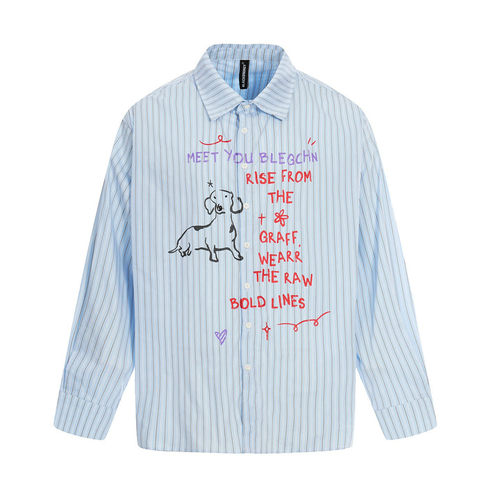 Women's Oversize Shirt Blouse with Striped Texture and Hand-Drawn Graphic Print Mune Fashion