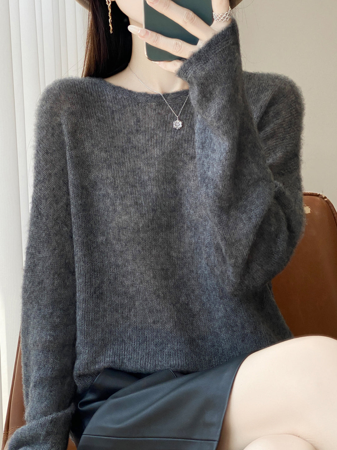 Women's Ultralight Mohair-Look Oversized Sweater with Boat Neck and Drop Shoulder Mune Fashion