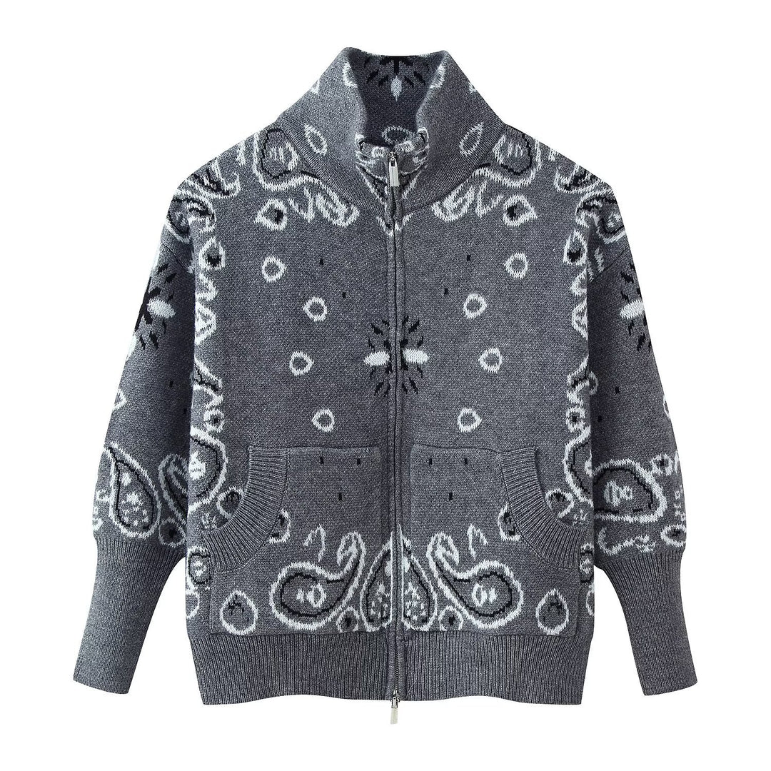 Women 40+ patterned cardigan with zipper and stand-up collar Mune Fashion