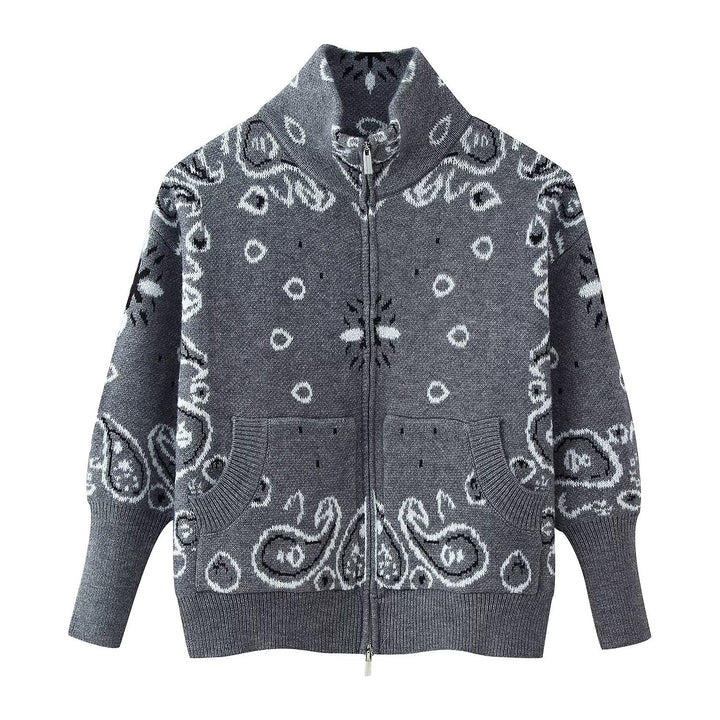 Women 40+ patterned cardigan with zipper and stand-up collar Mune Fashion