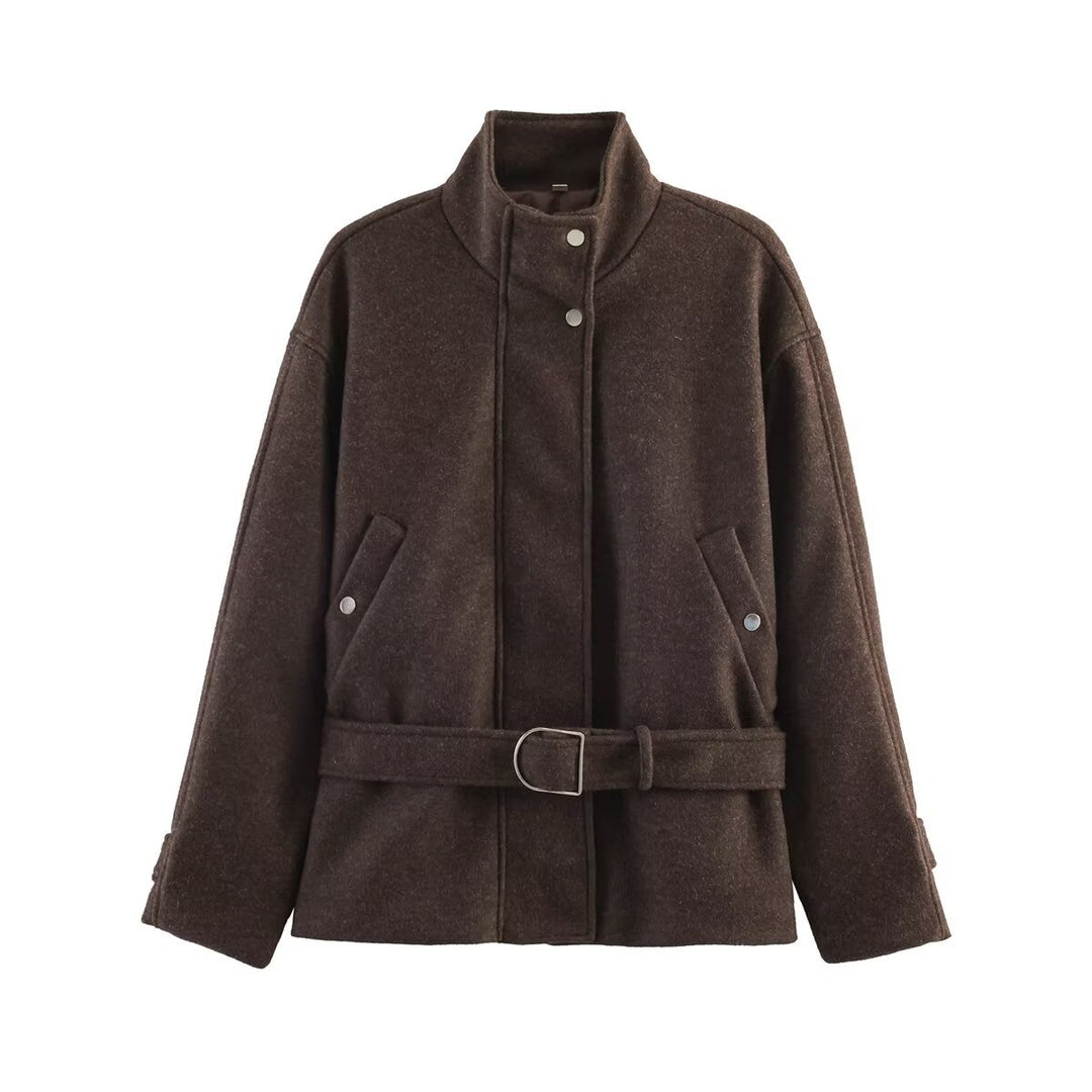 Women's Boxy Wool Jacket with Stand-Up Collar, Concealed Snap Button Placket and D-Ring Waist Belt Mune Fashion