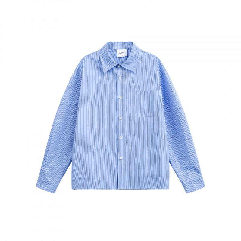 Women's oversized shirt with fine pinstripes, chest pocket, and classic Kent collar Mune Fashion