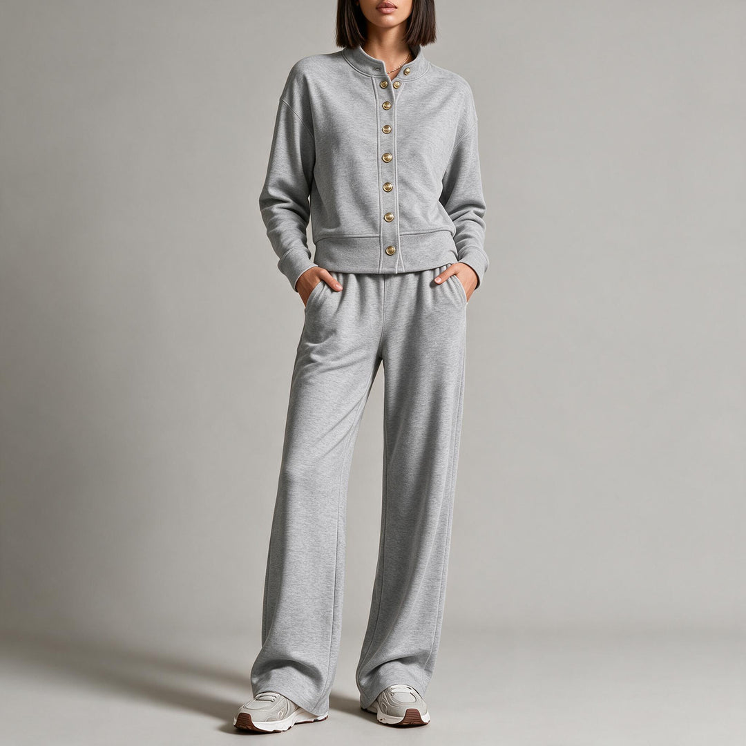 Women's sweat jacket with snap button placket, standing collar, and soft lounge cut Mune Fashion