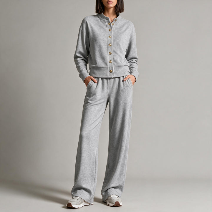 Women's sweat jacket with snap button placket, standing collar, and soft lounge cut Mune Fashion