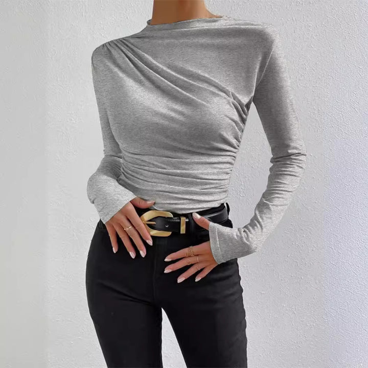 Women's fitted long-sleeve shirt with asymmetrical gathering at the front and boat neck Mune Fashion