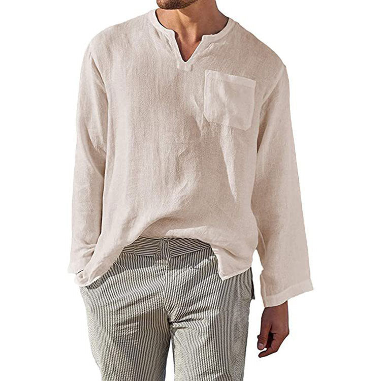 Men's Linen Long Sleeve Shirt with Henley Neckline and Chest Pocket Mune