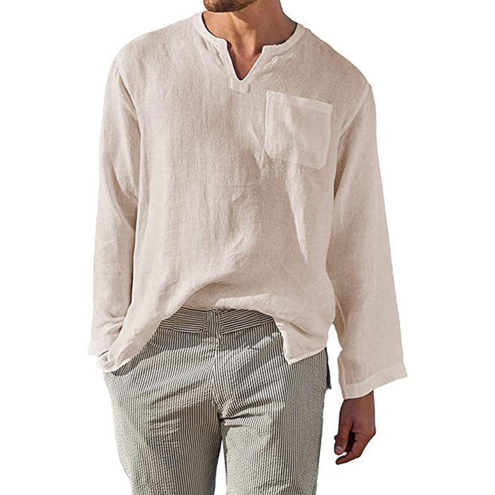 Men's Linen Long Sleeve Shirt with Henley Neckline and Chest Pocket Mune