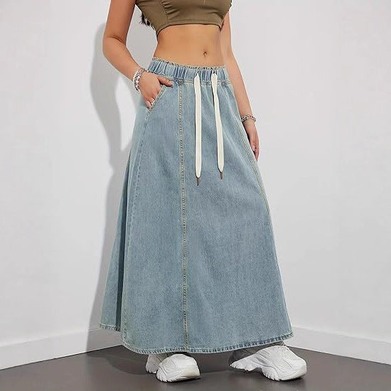 Women Longer A-Line Denim Skirt with Elastic Waistband and Cord Mune Fashion