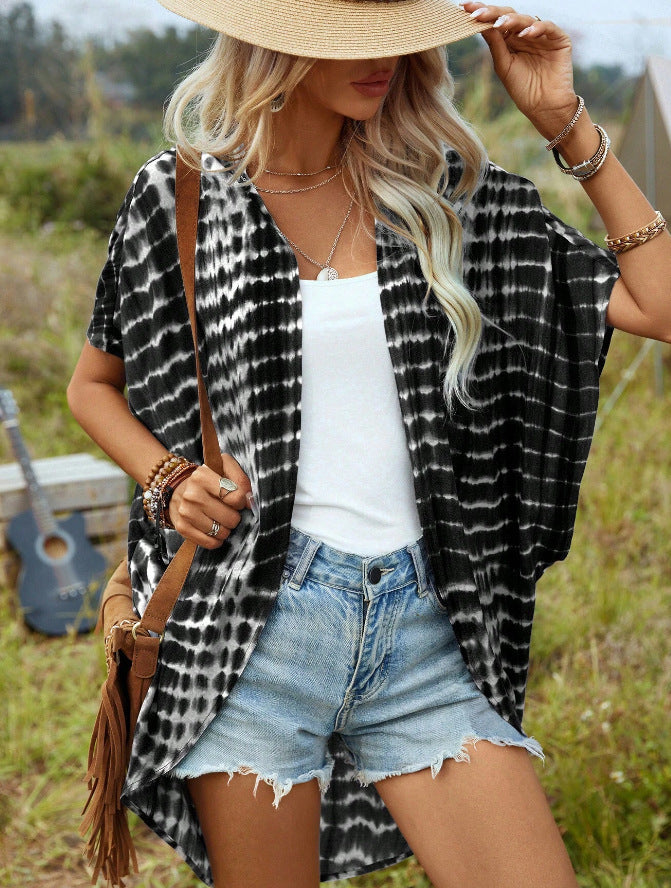 Women's Open Lightweight Kimono Cardigan with Tie-Dye Pattern and Short Sleeves Mune Fashion