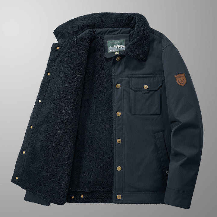 Men's Sherpa-lined canvas trucker jacket with teddy lining and utility pockets Mune Fashion