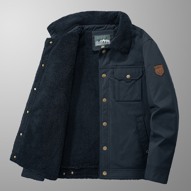 Men's Lined Canvas Trucker Jacket with Teddy Fleece Lining and Shirt Collar Mune Fashion
