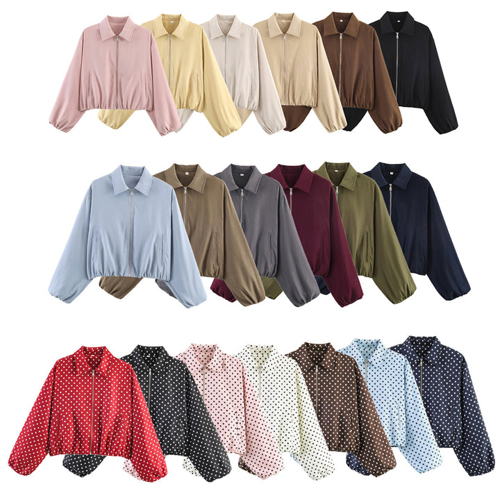 Women Shortened Bomber Jacket in Harrington Style with Balloon Sleeves and Elastic Hem Mune Fashion