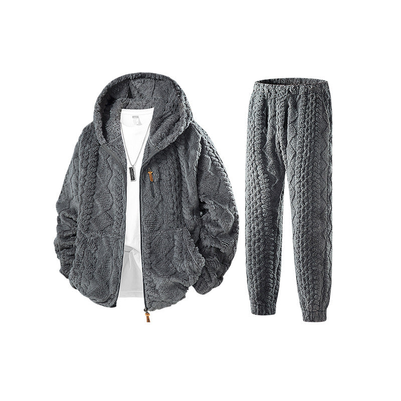 Herren Kuscheliges Sherpa-Fleece Set mit Kapuzenjacke und Strick‑Optik Jogginghose Mune Fashion