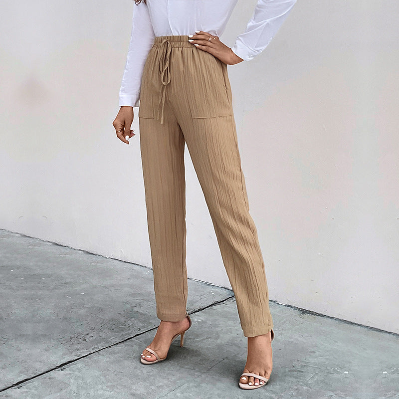 Women's Lightweight Crinkle Pants with High Elastic Waistband, Drawstring and Patch Pockets