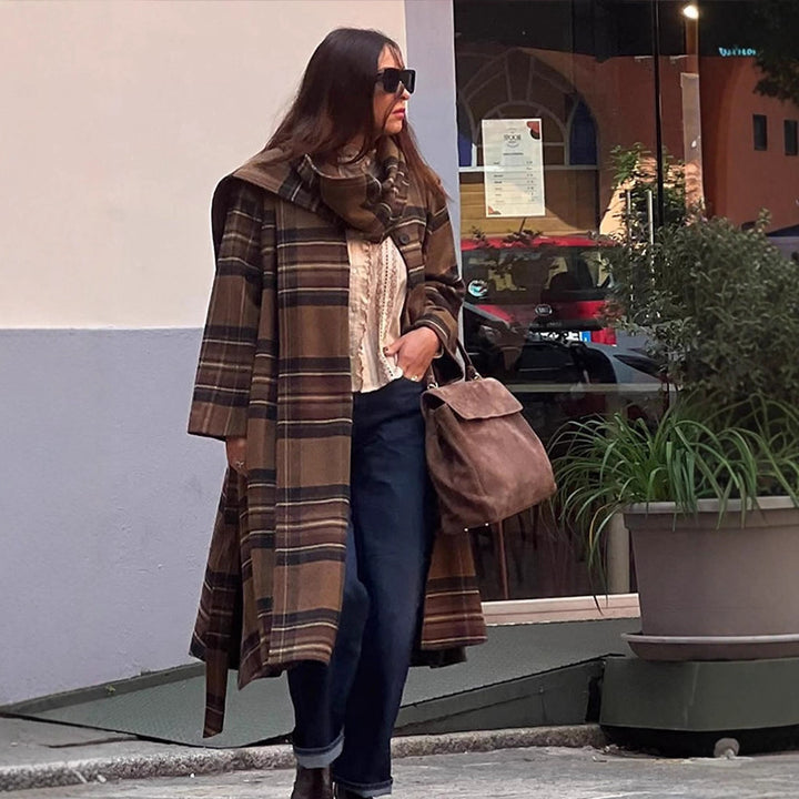 Ladies long coat in check look made of wool mix with oversized stand-up collar and bell sleeves Mune Fashion
