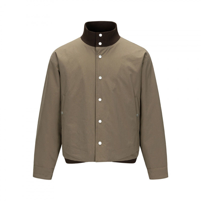 Men's short cut boxy bomber jacket with stand-up collar and snap button placket Mune Fashion