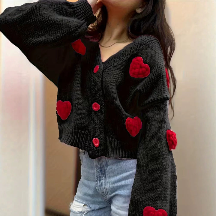 Women's Short-Cut V-Neck Cardigan with Embossed Heart Appliqués and Decorative Buttons Mune Fashion