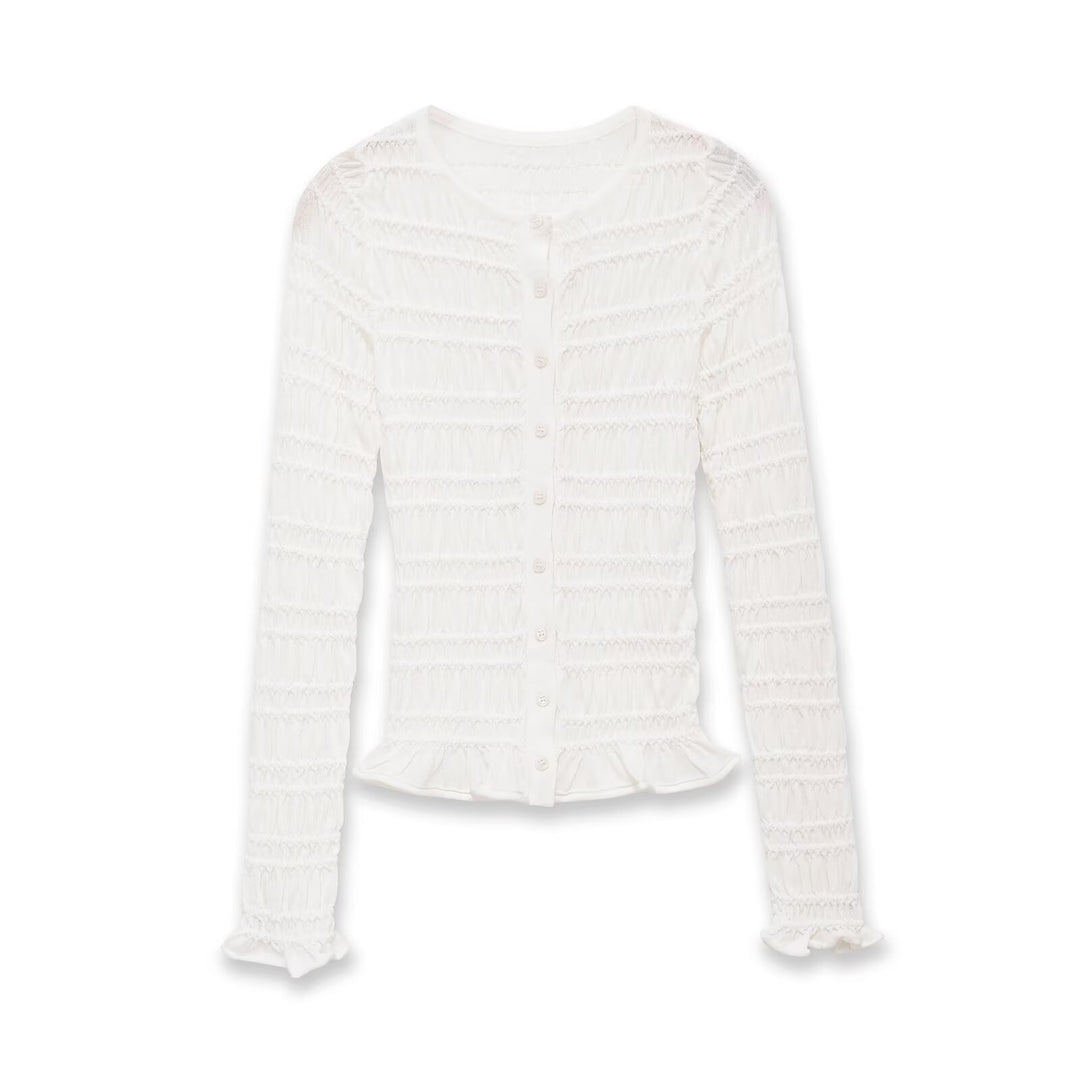 Women's Smocked Fine Knit Cardigan with Ruffle Hem and Button Placket Mune Fashion