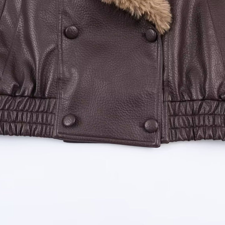 Women's Faux Leather Bomber Jacket with Large Faux Fur Collar Mune Fashion