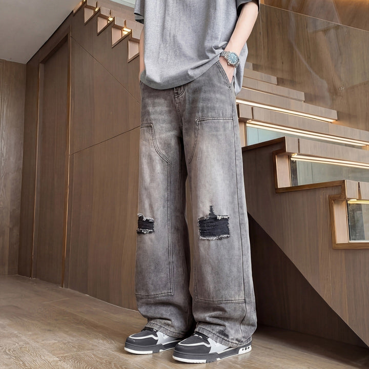 Men's Wide Baggy Jeans with Used Wash, Knee Rips & Utility Seams Mune Fashion