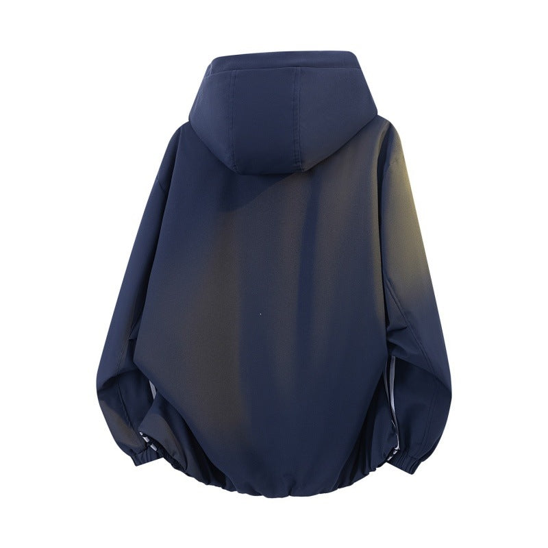 Men's sporty-urban oversized windbreaker jacket with hood, reflective insert stripes, and elastic hem Mune Fashion