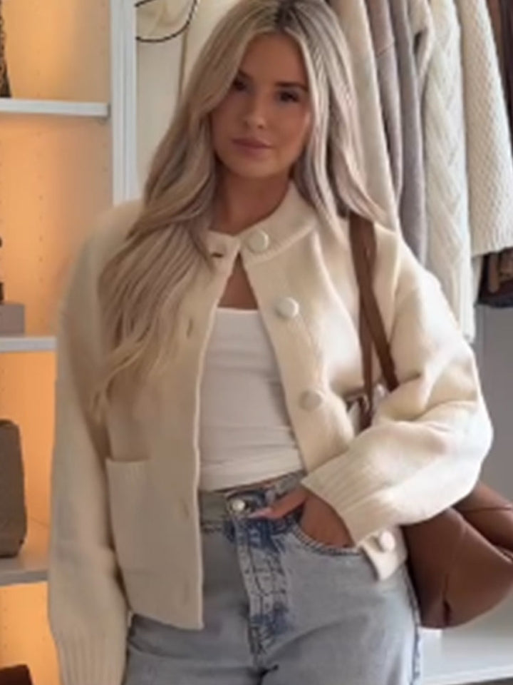 Women's Chunky Knit Cropped Cardigan with Round Snap Buttons and Oversized Sleeves Mune Fashion